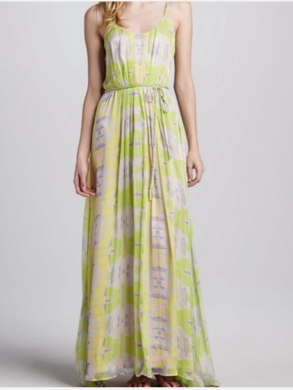 Charlie Jade Silk Vibrant Lime Cream Maxi Dress With Braided Belt Sz. L